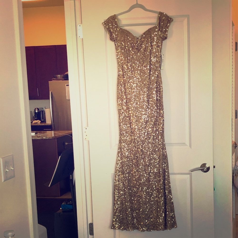 Badgley Mischka gold sequin dress, gown